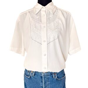 Vintage 1980s does 1940s White Embroidered Lace Button Up Blouse - Size 10